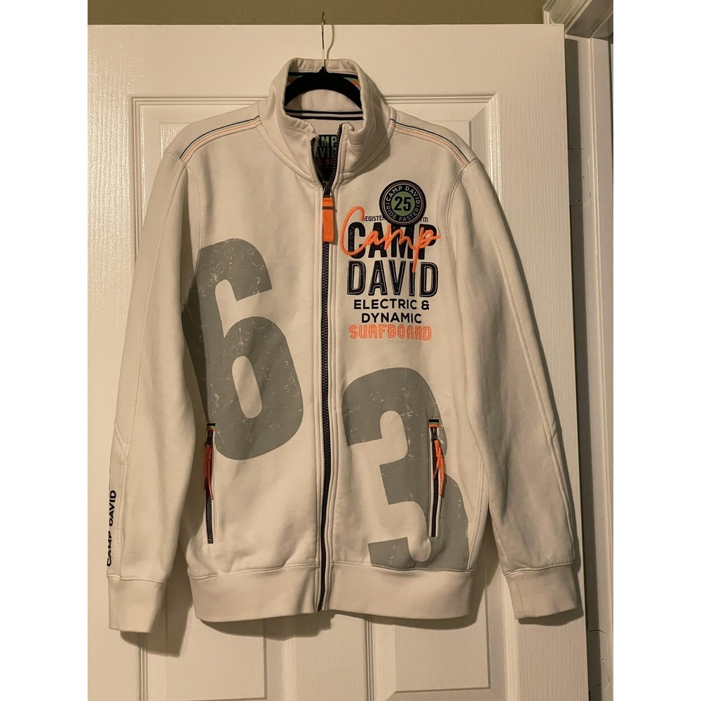 Camp David Sweatshirt Mens Medium White Full Zip Surfboard‎ Graphic Fleece